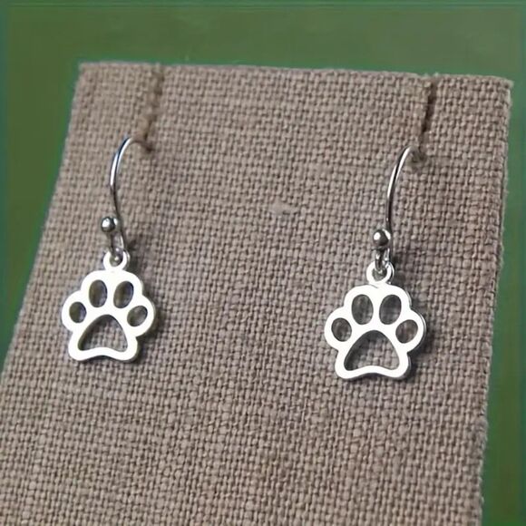 Silver Paw Print Drop Pendant Earrings Dainty Dangle Pet Dog Cat Classic Boho - Picture 2 of 5